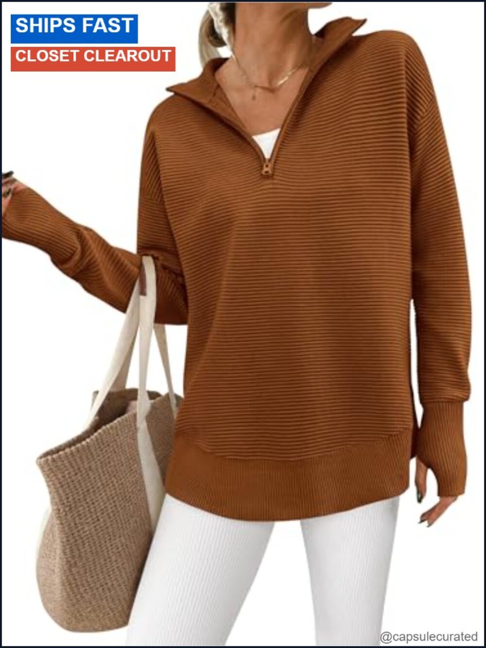 Womens Ribbed Knit Quarter Zip Pullover Sweater Loose Fit Long Sleeve Thumbhole